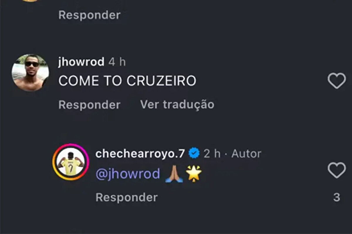 19 yaşındaki futbolcu, bir Cruzeiro taraftarının sosyal medyadan yaptığı "Cruzeiro'ya gel" yorumuna bir yıldız ve dua emojisiyle karşılık verdi.<br>
