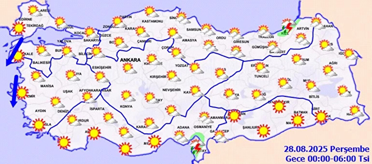 İstanbul, Ankara ve İzmir’de hava durumu<br><br>İstanbul: 22°C – 29°C arasında seyreden sıcaklıklarla parçalı ve az bulutlu bir gün geçirecek. Yağış beklenmiyor.<br><br>Ankara: 16°C – 29°C sıcaklık aralığıyla az bulutlu ve açık olacak.<br><br>İzmir: 22°C – 35°C arasında sıcaklıklarla az bulutlu ve açık geçecek.