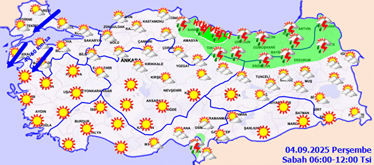 <br>Yağışların özellikle Samsun'un doğusu ile Ordu çevrelerinde yer yer kuvvetli olacağı öngörülüyor. Marmara'da ise rüzgârın kuzey yönlerden zaman zaman saatte 40-60 kilometre hızla esmesi bekleniyor.