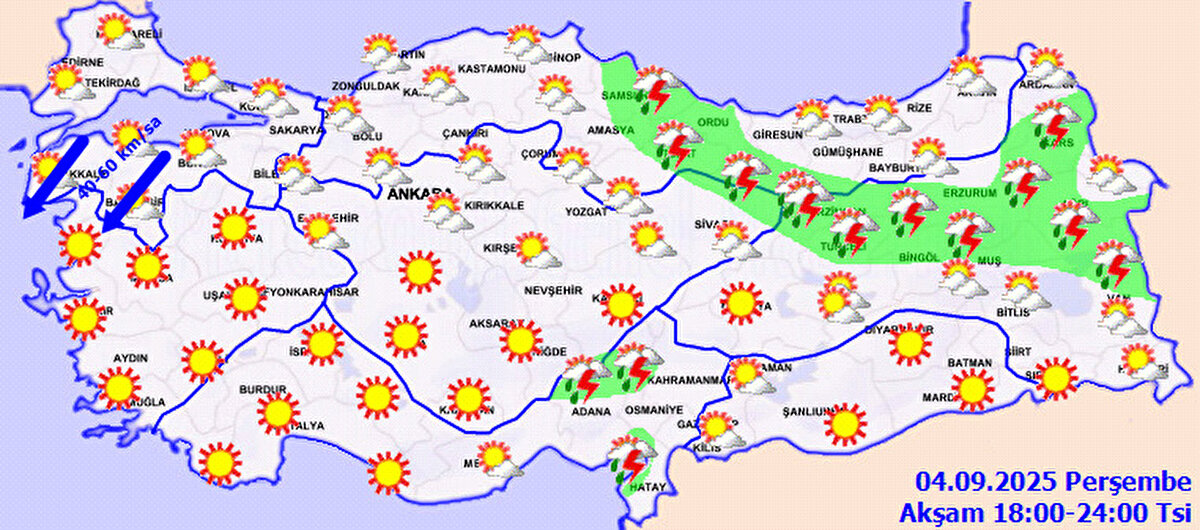 Ege<br>Az bulutlu ve açık.<br>•Afyonkarahisar: 30°C<br>•Denizli: 38°C<br>•İzmir: 35°C<br>•Muğla: 35°C<br>