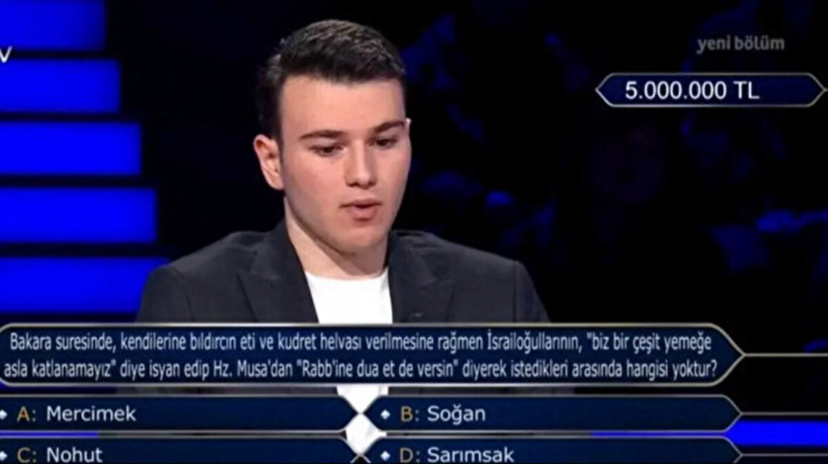 Milyoner’de büyük ödül kazanan isimler<br><br>Kim Milyoner Olmak İster yarışmasının tarihinde pek çok unutulmaz an yaşandı. Yarışmada:<br><br>2019 yılında Arda Ayten,<br><br>2023 yılında Rabia Birsen Göğercin<br>1 milyon TL’lik büyük ödülü kazanmıştı.<br><br>Yarışmanın günümüzdeki en büyük ödülü ise 5 milyon TL. Bu büyük ödülü ise 2024 yılında Berk Göktaş kazanarak tarihe geçti.
