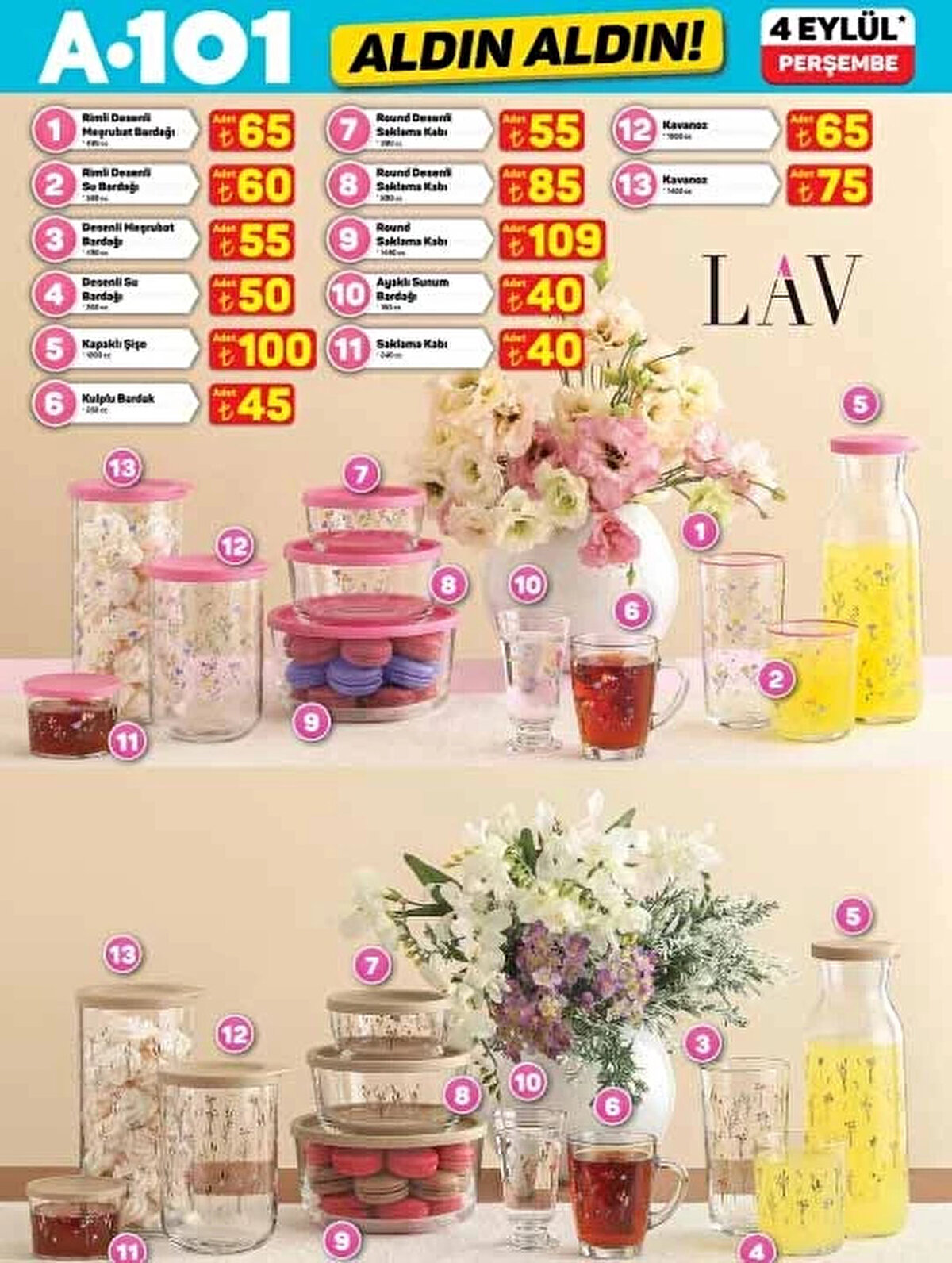 Desenli Meşrubat Bardağı 55 TL<br><br>Kapaklı Şişe 100 TL<br><br>1400 cc Kavanoz 75 TL<br><br>Ayaklı Sunum Bardağı 40 TL<br><br>Desenli Saklama Kabı 85 TL