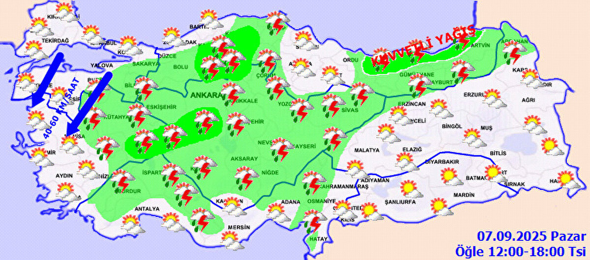 Meteoroloji Genel Müdürlüğü (MGM), 7 Eylül 2025 tarihli hava durumu raporunu yayımladı. Son değerlendirmelere göre yurt genelinde parçalı bulutlu bir hava bekleniyor. Ancak birçok bölgede sağanak ve gök gürültülü sağanak yağış görülecek.