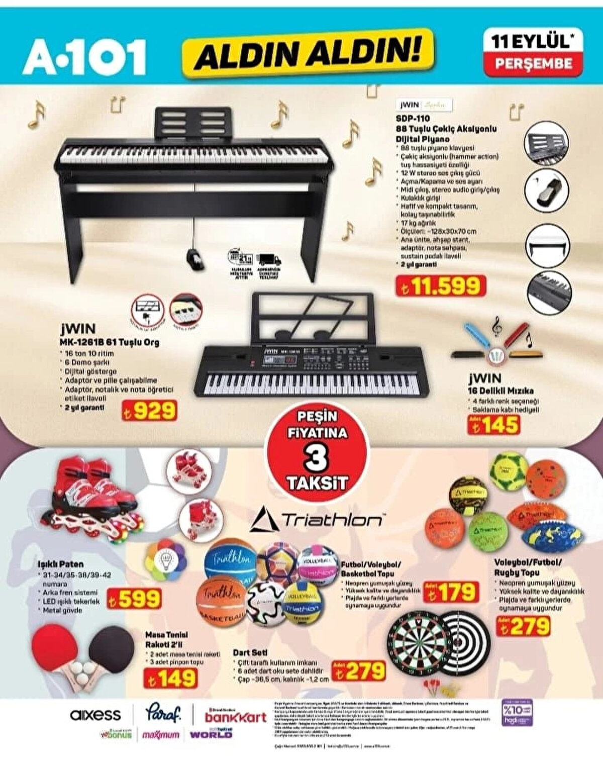 JWIN MK-1261B 61 TUŞLU ORG<br>Fiyat: 929 TL<br><br>TRIATHION VOLEYBOL/FUTBOL/RUGBY TOPU<br><br>Fiyat: 279 TL