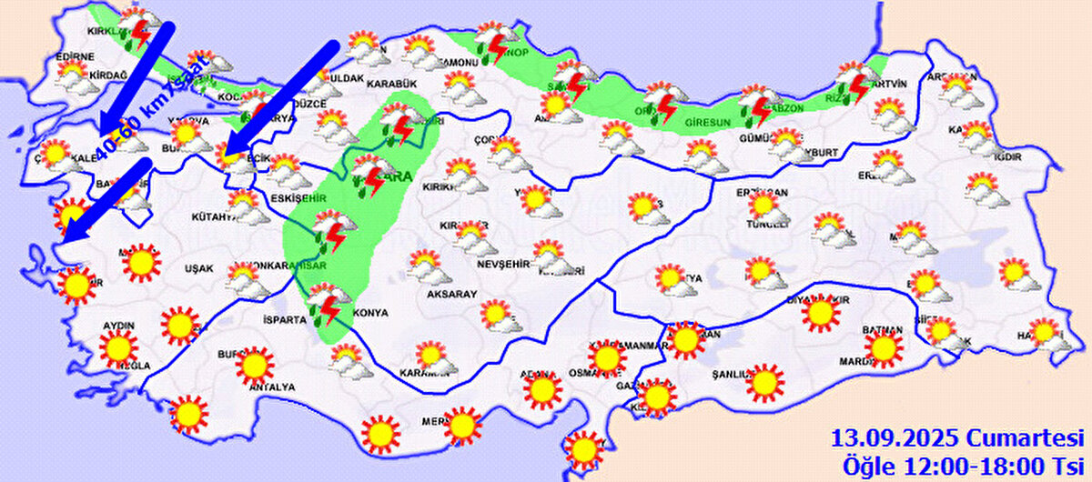 Rüzgar: Genellikle kuzeyli yönlerden hafif, ara sıra orta kuvvette esecek. Marmara, Kuzey Ege kıyıları ve Batı Karadeniz kıyılarında ise kuzey ve kuzeydoğu yönlerden saatte 40-60 kilometre hızla kuvvetli esmesi bekleniyor.<br>