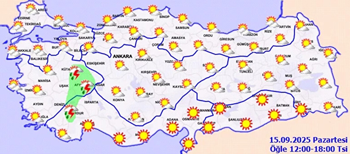 Son dakika hava durumu raporu Meteoroloji Genel Müdürlüğü tarafından yayımlandı. 15 Eylül Pazartesi günü için hazırlanan tahminlere göre hava durumu il il açıklandı. Yeni haftanın ilk gününde İstanbul, Ankara, İzmir gibi büyük şehirlerde parçalı ve az bulutlu hava bekleniyor. Ancak Meteoroloji’den Rize, Trabzon, Afyonkarahisar, Burdur ve Kütahya için sağanak ve gök gürültülü sağanak yağış uyarısı geldi. 