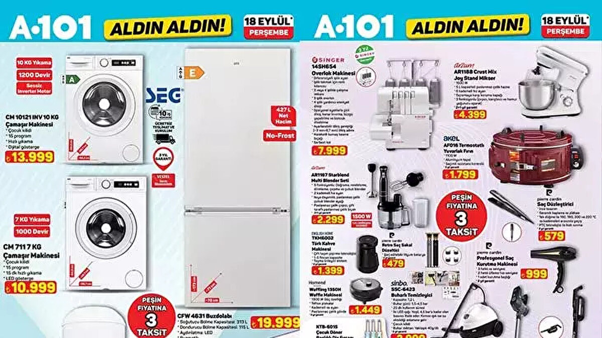 18 Eylül Perşembe A101 Aldın Aldın aktüel kataloğu yayımlandı. Overlok Makinesi, Waffle Makinesi, Türk Kahvesi Makinesi, Şarjlı Dik Süpürge ve birçok fırsat bu hafta raflarda...​