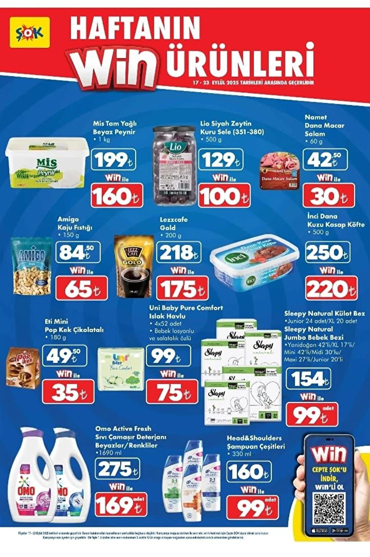 ŞOK HAFTANIN WİN ÜRÜNLERİ<br>NAMET DANA MACAR SALAM 60 G<br><br>Win ile fiyat: 30 TL<br><br>LEZZCAFE GOLD 200 G<br><br>Win ile fiyat: 175 TL