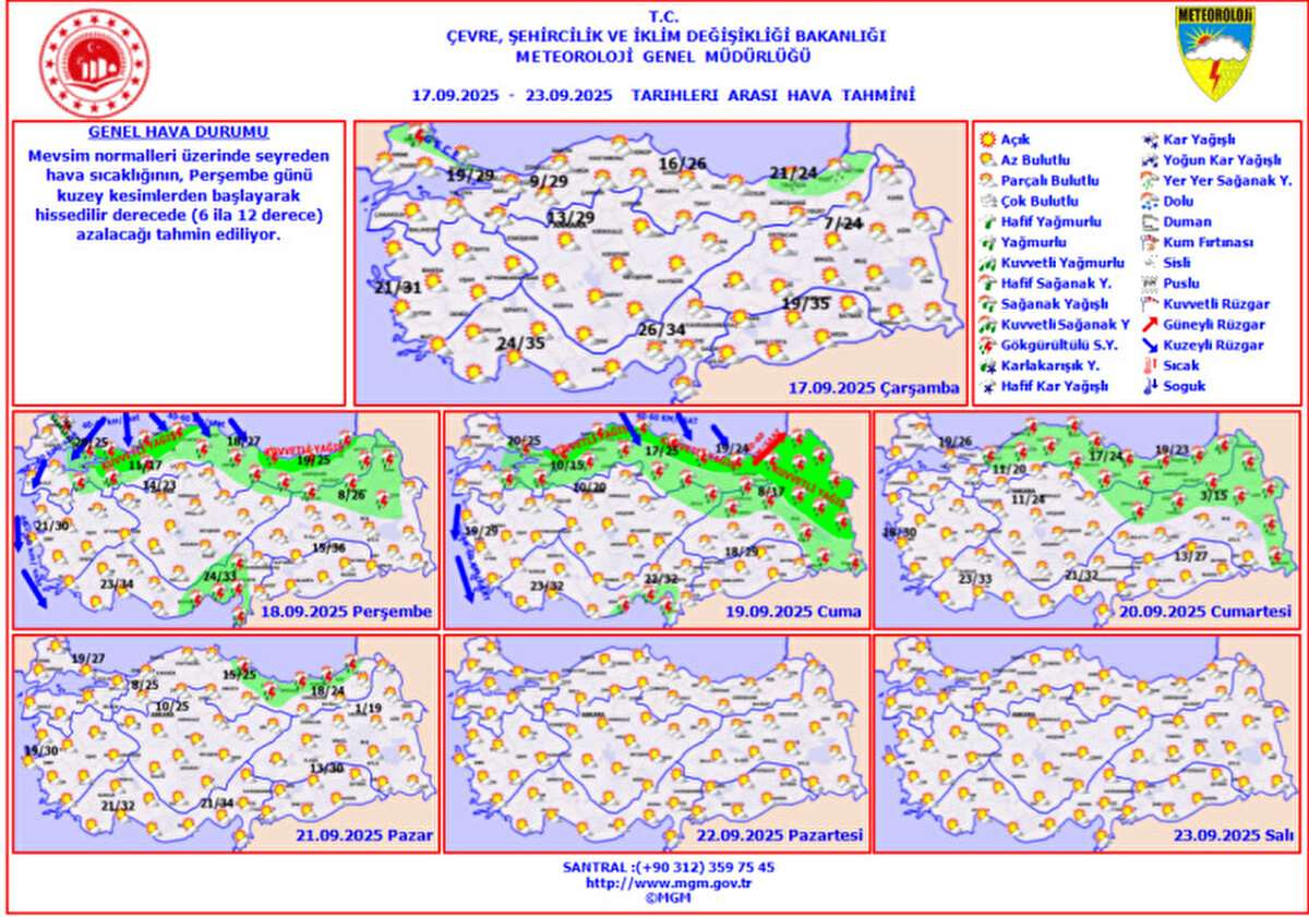 Hafta sonu hava durumu<br><br>Meteoroloji verilerine göre, yağışlı hava hafta sonunda etkisini azaltacak. Ancak sıcaklıklardaki düşüş hissedilmeye devam edecek.
