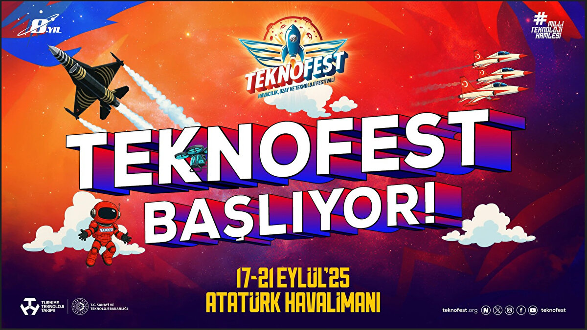 TEKNOFEST 2025 İstanbul Atatürk Havalimanı’nda Başlıyor<br><br>Türkiye’nin en büyük teknoloji ve inovasyon festivali TEKNOFEST, bu yıl da Atatürk Havalimanı’nda düzenlenecek. Sanayi ve Teknoloji Bakanlığı ile Türkiye Teknoloji Takımı Vakfı iş birliğiyle hayata geçirilen etkinlik, 17-21 Eylül 2025 tarihlerinde teknoloji tutkunlarını ağırlayacak.<br><br>Festival kapsamında; havacılık, uzay, yapay zeka ve insansız sistemler gibi alanlarda 54 ana kategori, 127 alt kategoride yarışmalar düzenlenecek. Genç mucitlere toplam 65 milyon TL ödül ve 75 milyon TL malzeme desteği sağlanacak. Ziyaretçiler ayrıca roket yarışmaları, hava gösterileri ve tematik sergilerle dolu bir programa katılabilecek.<br><br>Detaylı program ve güncel bilgiler için www.teknofest.org<br> adresi takip edilebilecek.<br>