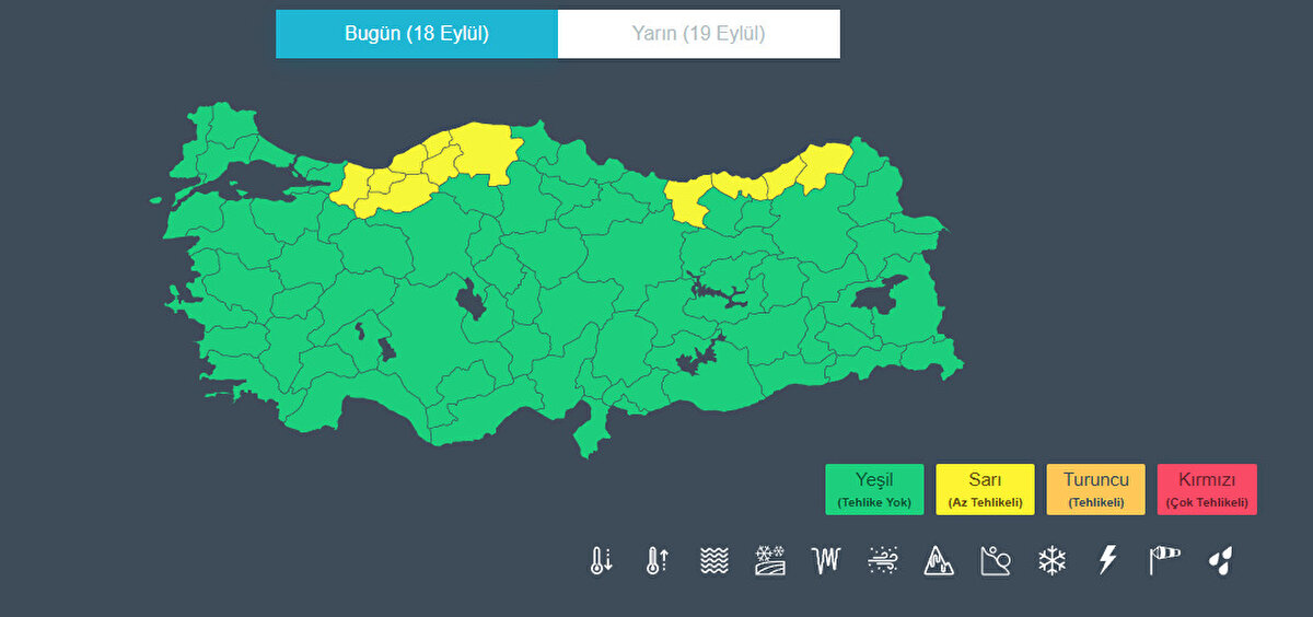 Hangi iller için sarı kodlu uyarı verildi?<br><br>Artvin<br><br>Bolu<br><br>Giresun<br><br>Kastamonu<br><br>Rize<br><br>Sakarya<br><br>Trabzon<br><br>Zonguldak<br><br>Bartın<br><br>Karabük<br><br>Düzce illeri için Meteoroloji tarafından sarı kodlu uyarı verildi.