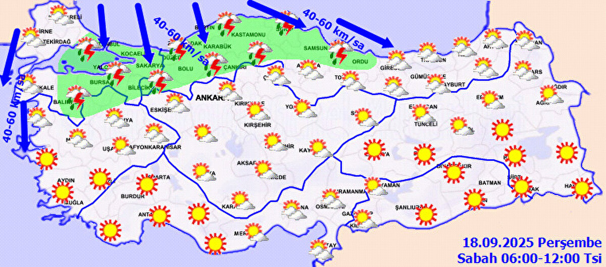 Meteoroloji Genel Müdürlüğü tarafından yapılan son değerlendirmelere göre, 18 Eylül 2025 Perşembe günü ülkemizin kuzey kesimleri yağışlı olacak. Marmara’nın doğusu, Karadeniz Bölgesi ile Doğu Anadolu’nun kuzeyinde aralıklı sağanak ve gök gürültülü sağanak yağış beklenirken, diğer bölgelerde parçalı ve az bulutlu bir hava hakim olacak.