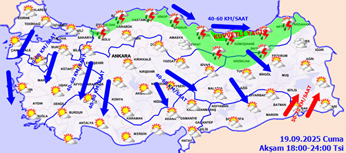 Ayrıca, rüzgârın Marmara’nın güneyi, Ege, Akdeniz’in iç kesimleri, İç Anadolu’nun güney ve doğusu ile Doğu Anadolu’nun batısında kuzeyden; Doğu Anadolu’nun güneydoğusunda güneyden; Orta ve Doğu Karadeniz kıyılarında ise kuzeyden kuvvetli ve yer yer fırtına (40-70 km/sa) şeklinde esmesinin beklendiği belirtildi. Vatandaşların olası risklere karşı önlem alması istendi.