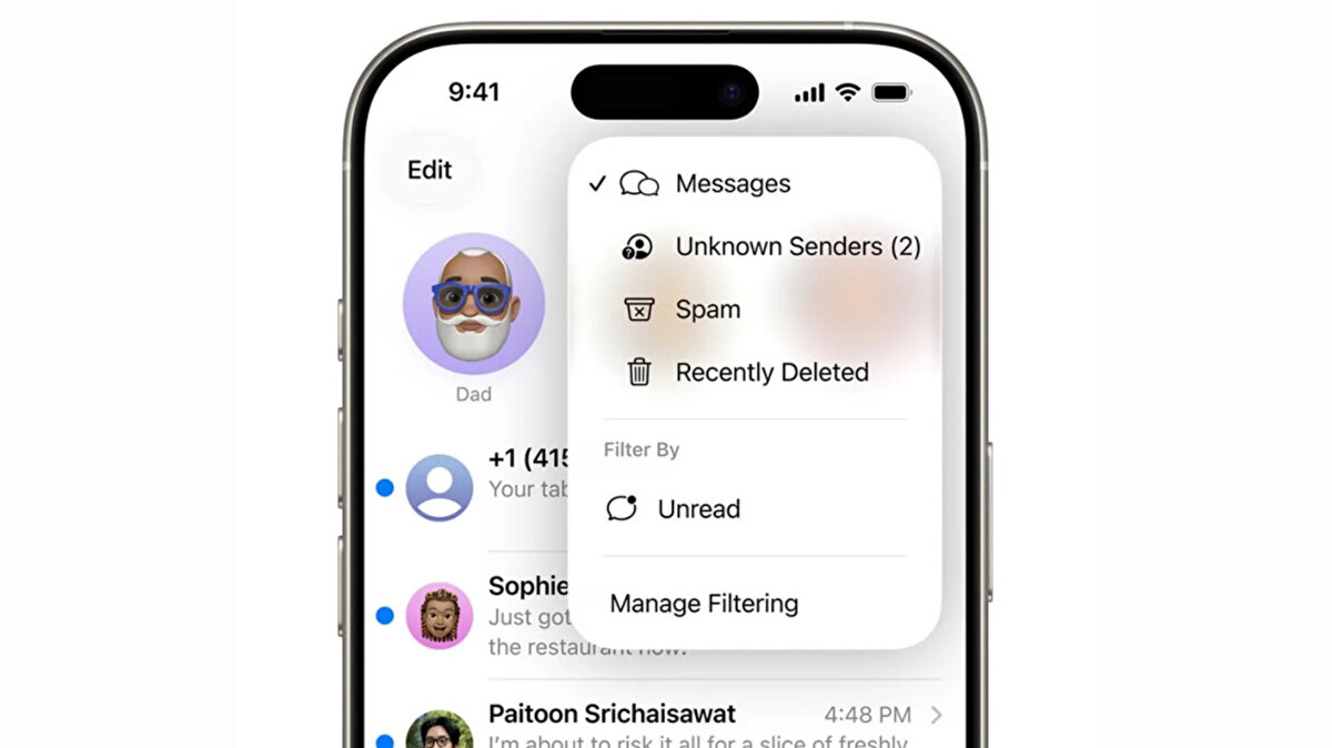 Spam Filtreleme<br><br>SMS, arama, FaceTime ve sesli mesajlarda istenmeyen içerikler otomatik olarak spam klasörüne düşüyor.<br><br>Dolandırıcılık amaçlı bildirimler kullanıcıya yansımıyor.
