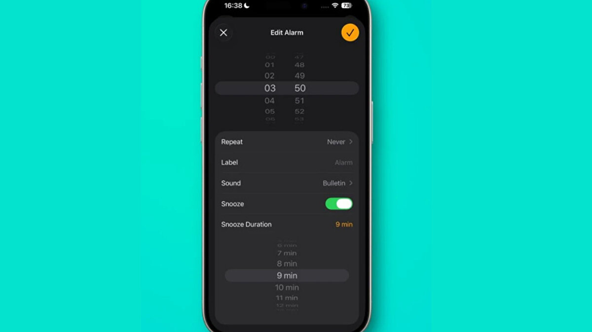 Erteleme Süresini Özelleştirme<br><br>Alarm erteleme süresi artık 1–15 dakika arasında ayarlanabiliyor.<br><br>Varsayılan 9 dakika kuralı sona erdi.
