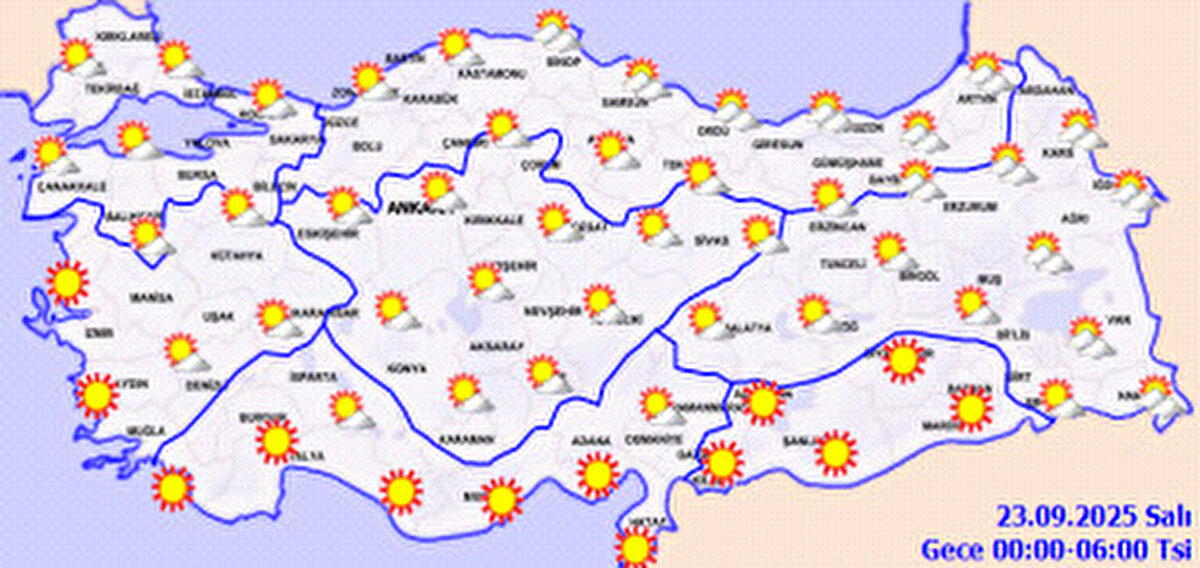 Akdeniz Bölgesi hava durumu<br><br>Akdeniz’de sıcaklıklar mevsim normallerinde seyrediyor. Adana 35°C, Antalya 34°C, Hatay 33°C, Burdur 31°C ile sıcak ve güneşli bir gün yaşayacak.