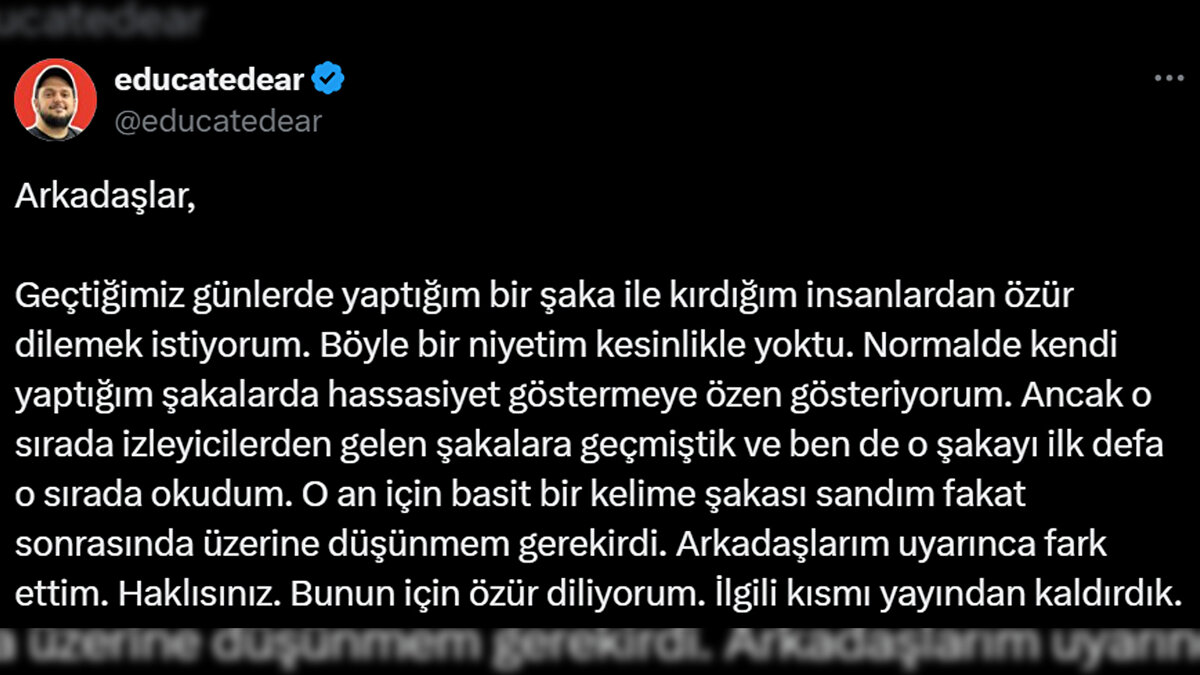 Soydemir, X hesabından yaptığı paylaşımda, yaptığının 'şaka' olduğunu belirtip özür diledi. "Geçtiğimiz günlerde yaptığım bir şaka ile kırdığım insanlardan özür dilemek istiyorum." diyen Soydemir, "Böyle bir niyetim kesinlikle yoktu. Normalde kendi yaptığım şakalarda hassasiyet göstermeye özen gösteriyorum. Ancak o sırada izleyicilerden gelen şakalara geçmiştik ve ben de o şakayı ilk defa o sırada okudum. O an için basit bir kelime şakası sandım fakat sonrasında üzerine düşünmem gerekirdi. Arkadaşlarım uyarınca fark ettim. Haklısınız. Bunun için özür diliyorum. İlgili kısmı yayından kaldırdık." ifadelerini kullandı.