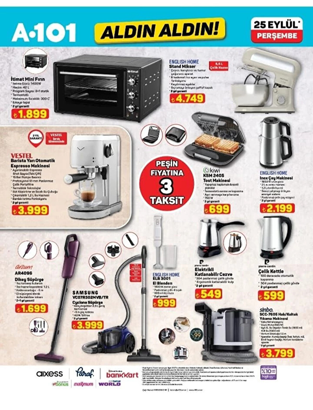 VESTEL BARİSTA YARI OTOMATİK ESPRESSO MAKİNESİ<br>Fiyat: 3,999 TL<br><br>KİWİ KSM 2405 TOST MAKİNESİ<br><br>Fiyat: 699 TL