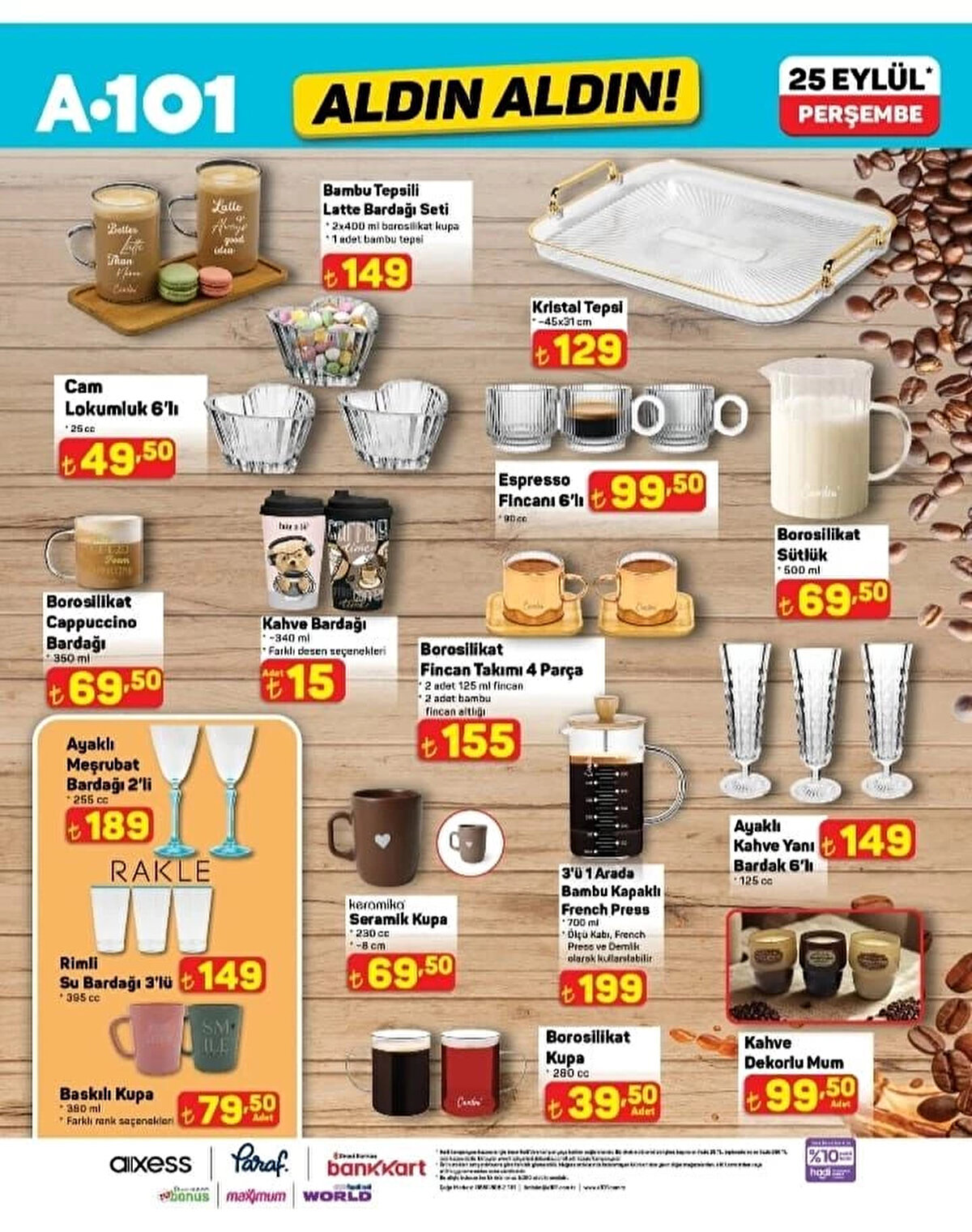 KRİSTAL TEPSİ 45X31 CM<br>Fiyat: 129 TL<br><br>ESPRESSO FİNCANI 6’LI 90 CC<br><br>Fiyat: 99,50 TL