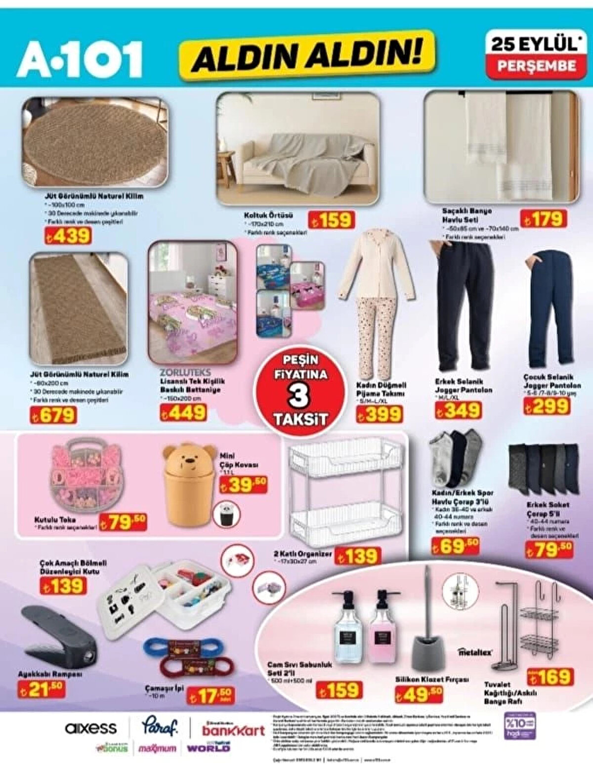 KOLTUK ÖRTÜSÜ 170X210 CM<br>Fiyat: 159 TL<br><br>SAÇAKLI BANYO HAVLU SETİ<br><br>Fiyat: 179 TL