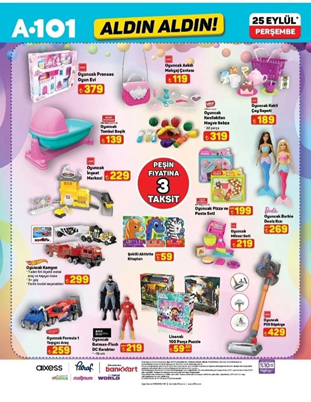 OYUNCAK İNŞAAT MERKEZİ<br>Fiyat: 229 TL<br><br>OYUNCAK KEKLİ ÇAY SEPETİ<br><br>Fiyat: 189 TL