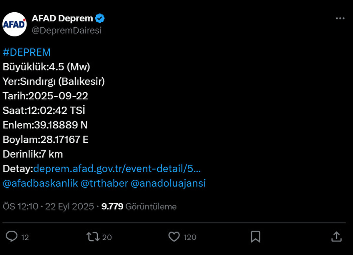 BALIKESİR DINDIRGI'DA BİR DEPREM DAHA<br><br>AFAD 12.02'de Balıkesir Sındırgı'da 4.5 büyüklüğünde bir deprem daha olduğunu duyurdu.