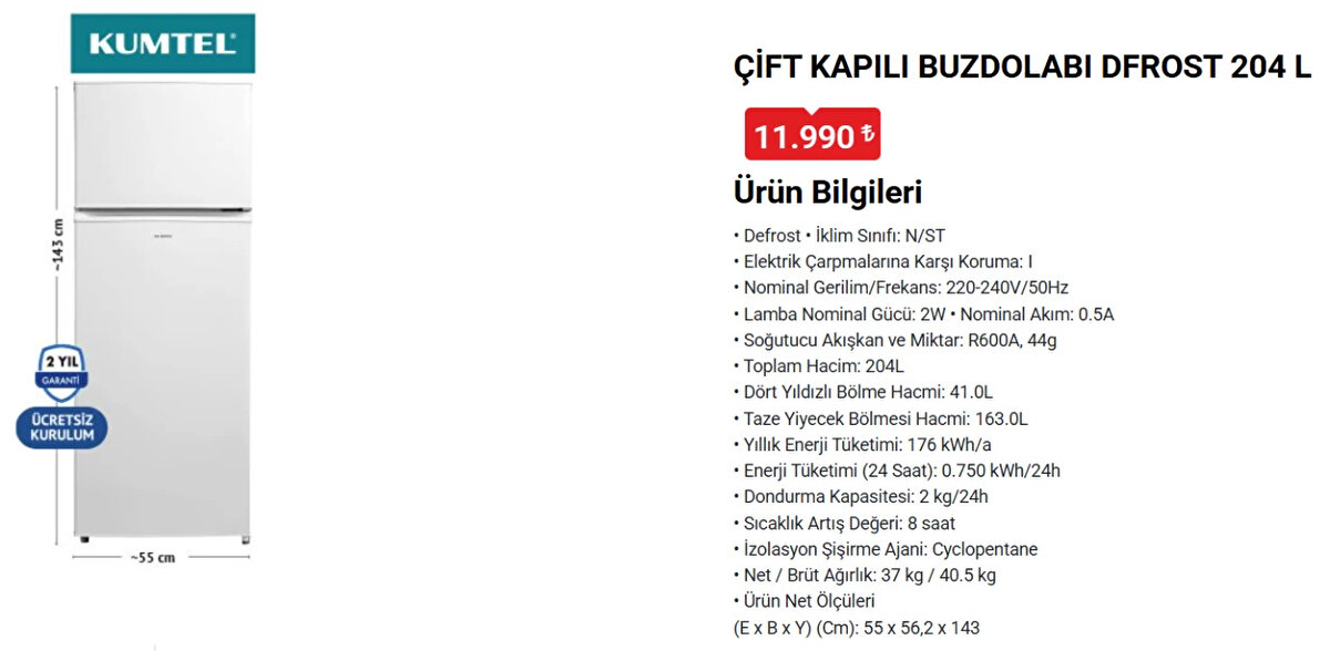 KUMTEL ÇİFT KAPILI BUZDOLABI DFROST 204 L<br>Fiyat: 11,990 TL