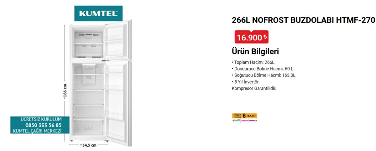 KUMTEL 266L NOFROST BUZDOLABI HTMF-270<br>Fiyat: 16,900 TL