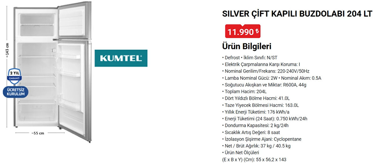 KUMTEL SILVER ÇİFT KAPILI BUZDOLABI 204 L<br>Fiyat: 11,990 TL