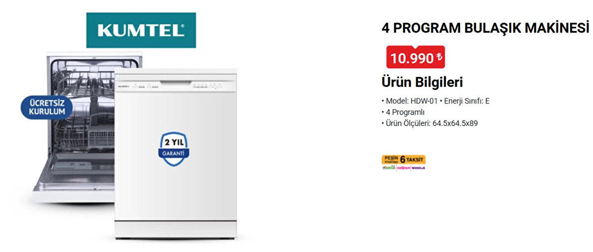 KUMTEL 4 PROGRAM BULAŞIK MAKİNESİ<br>Fiyat: 10,990 TL