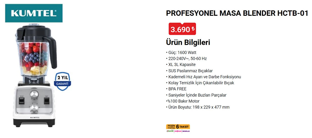 KUMTEL PROFESYONEL MASA BLENDER HCTB-01<br>Fiyat: 3,690 TL