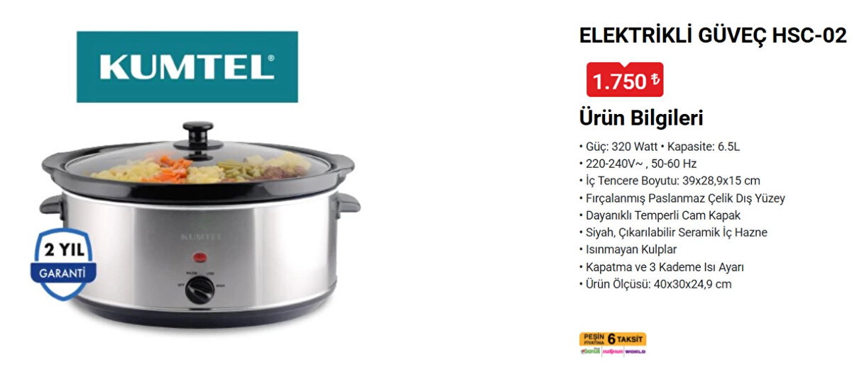 KUMTEL ELEKTRİKLİ GÜVEÇ HSC-02<br>Fiyat: 1,750 TL