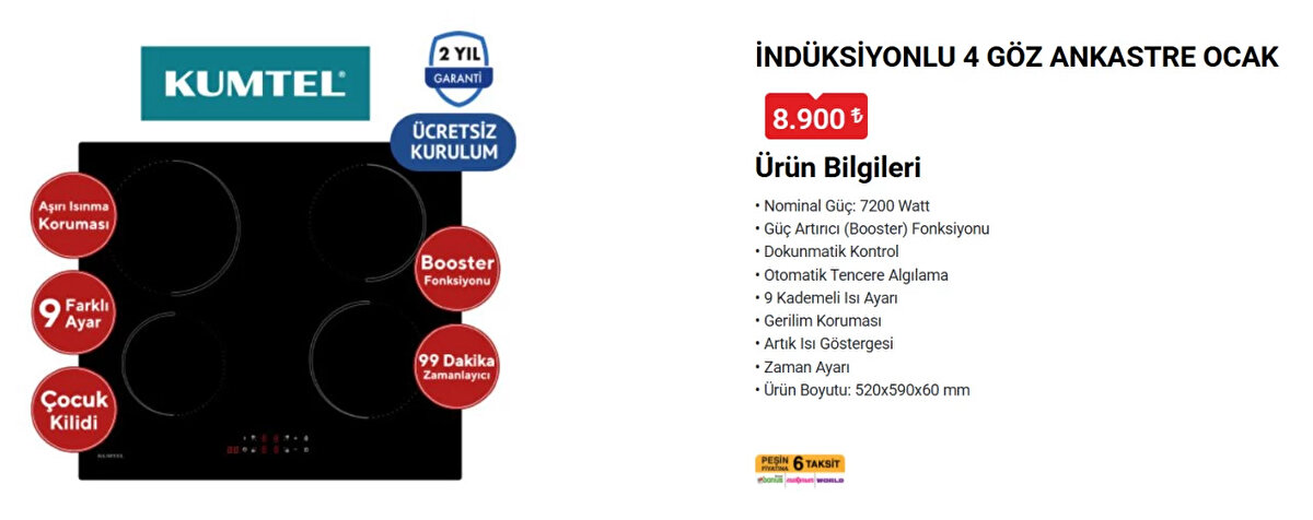 KUMTEL İNDÜKSİYONLU 4 GÖZ ANKASTRE OCAK<br>Fiyat: 8,900 TL