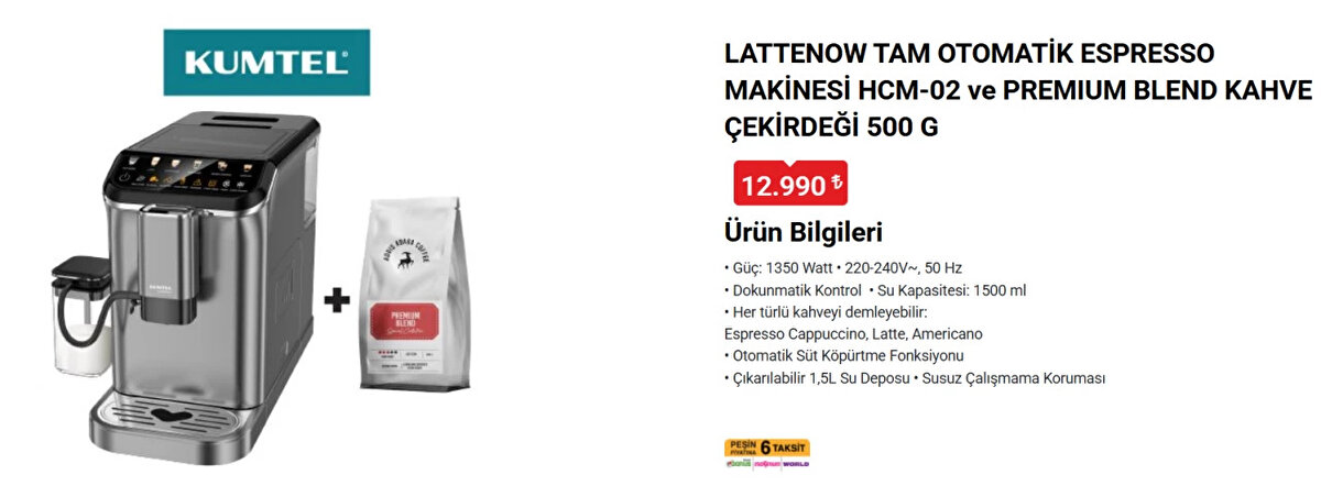 KUMTEL LATTENOW TAM OTOMATİK ESPRESSO MAKİNESİ HCM-02 VE PREMIUM BLEND KAHVE ÇEKİRDEĞİ 500 G<br>