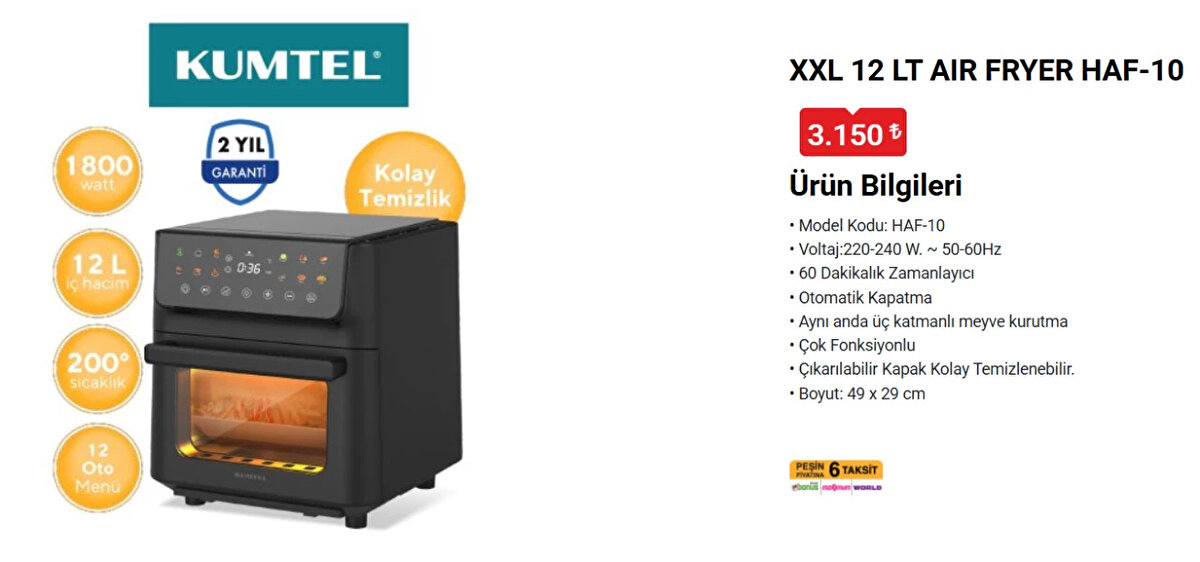 KUMTEL XXL 12 LT AIR FRYER HAF-10<br>Fiyat: 3,150 TL