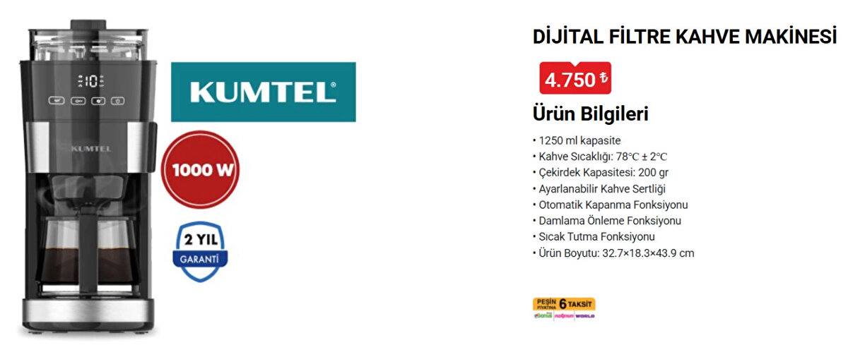 KUMTEL DİJİTAL FİLTRE KAHVE MAKİNESİ<br>Fiyat: 4,750 TL