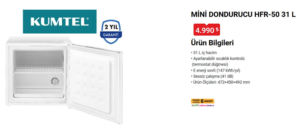 KUMTEL MİNİ DONDURUCU HFR-50 31 L<br>Fiyat: 4,990 TL