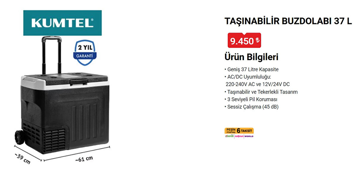 KUMTEL TAŞINABİLİR BUZDOLABI 37 L<br>Fiyat: 9,450 TL