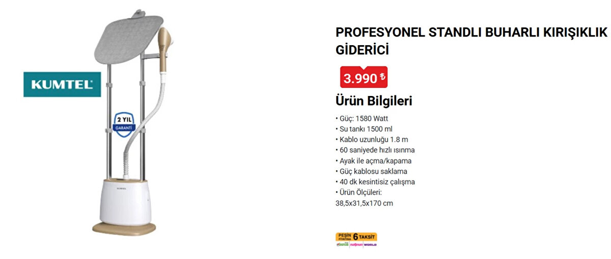 KUMTEL PROFESYONEL STANDLI BUHARLI KIRIŞIKLIK GİDERİCİ<br>Fiyat: 3,990 TL
