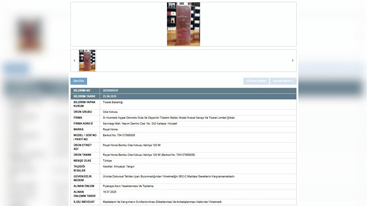 Toplatılan ürünlerde en çok dikkat çeken ise ünlü Royal Home markasına ait olan oda kokusu oldu. Bakanlık yaptığı incelemelerde ürünün, "Kesikler, Kimyasal, Yangın" riskleri taşıdığını tespit etti.