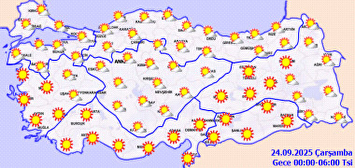 Doğu Anadolu Bölgesi<br>Parçalı ve az bulutlu geçmesi tahmin ediliyor.<br><br>Erzurum: 21°C<br><br>Kars: 18°C<br><br>Malatya: 28°C<br><br>Van: 20°C<br><br>Güneydoğu Anadolu Bölgesi<br>Genel olarak az bulutlu ve açık olacak.<br><br>Diyarbakır: 30°C<br><br>Gaziantep: 32°C<br><br>Mardin: 28°C<br><br>Siirt: 29°C