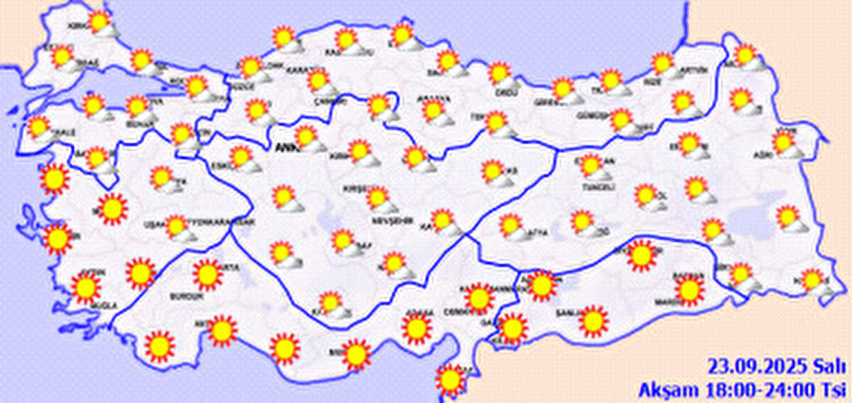 İç Anadolu Bölgesi<br>Parçalı ve az bulutlu hava öne çıkıyor.<br><br>Ankara: 28°C<br><br>Çankırı: 29°C<br><br>Eskişehir: 30°C<br><br>Konya: 28°C<br><br>Batı Karadeniz<br>Parçalı ve az bulutlu bir hava bekleniyor.<br><br>Bolu: 29°C<br><br>Düzce: 29°C<br><br>Sinop: 26°C<br><br>Zonguldak: 25°C<br><br>Orta ve Doğu Karadeniz<br>Parçalı ve az bulutlu hava etkili olacak.<br><br>Artvin: 27°C<br><br>Rize: 25°C<br><br>Samsun: 25°C<br><br>Trabzon: 23°C