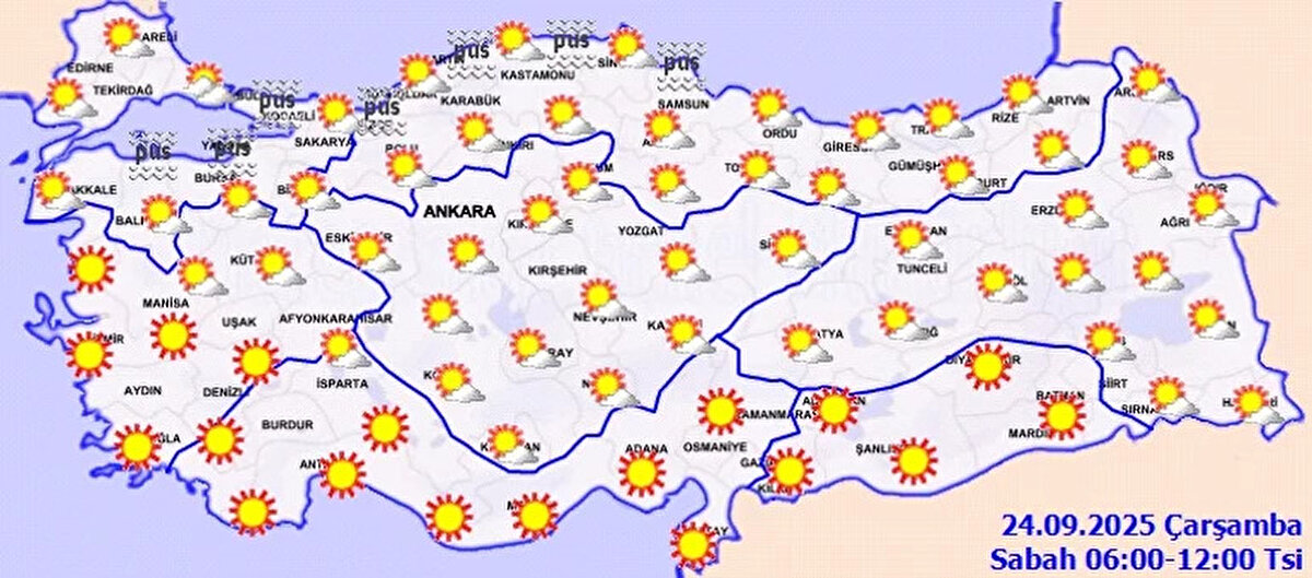 İl il 24 Eylül hava durumu raporu<br><br>İstanbul: 17°C / 27°C – Parçalı ve az bulutlu<br><br>Ankara: 12°C / 29°C – Az bulutlu ve açık<br><br>İzmir: 19°C / 30°C – Az bulutlu ve açık<br><br>Bursa: 15°C / 28°C – Az bulutlu<br><br>Antalya: 20°C / 33°C – Az bulutlu ve açık<br><br>Trabzon: 16°C / 23°C – Parçalı ve az bulutlu<br><br>Erzurum: 5°C / 23°C – Parçalı ve az bulutlu<br><br>Gaziantep: 17°C / 33°C – Az bulutlu ve açık