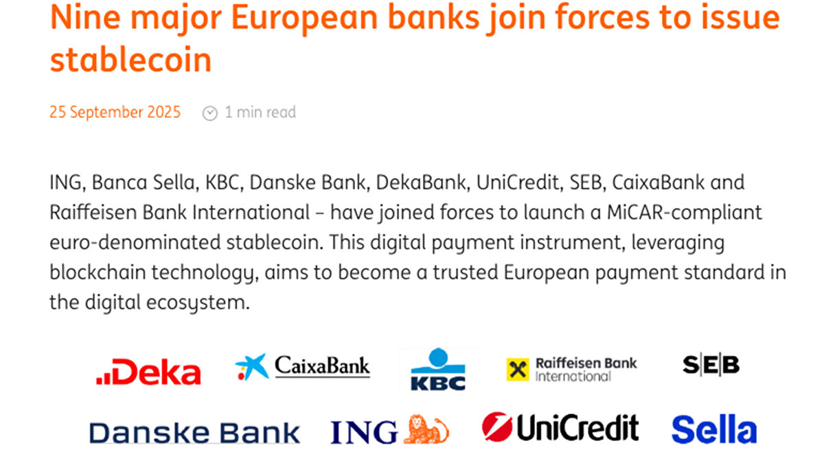 ING, UniCredit, Banca Sella, KBC, DekaBank, Danske Bank, SEB, Caixabank ve Raiffeisen Bank International’ın ortaklığında Amsterdam merkezli yeni bir şirket kurulacak. Şirketin 2026’nın ikinci yarısında euro bazlı stablecoin ile faaliyete başlaması planlanıyor.