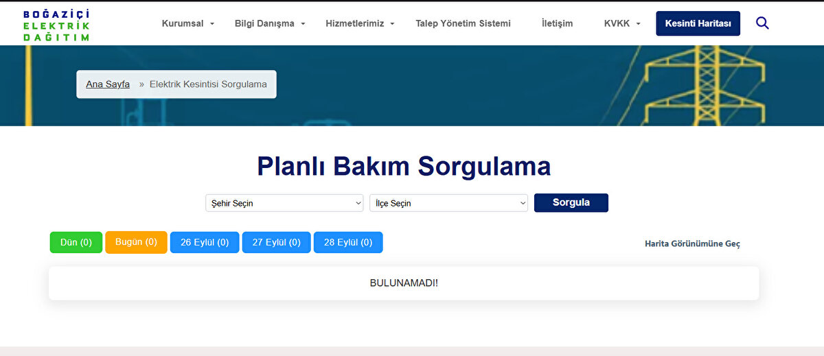 İstanbul Avrupa Yakası planlı elektrik kesintisi, BEDAŞ'ın resmi sitesinde "Planlı Bakım Sorgulama" kısmından yapılmakta.