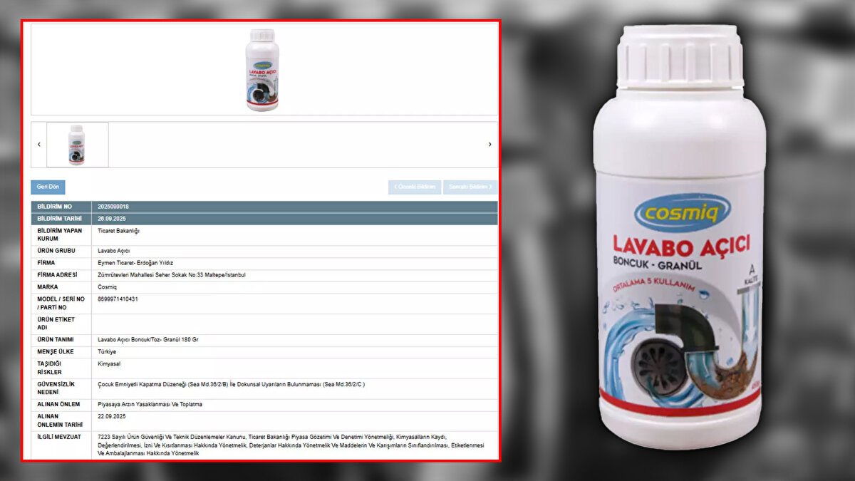 Cosmiq markalı lavabo açıcısının güvensizlik nedeni olarak, "Çocuk Emniyetli Kapatma Düzeneği (Sea Md.36/2/B) İle Dokunsal Uyarıların Bulunmaması (Sea Md.36/2/C )" denildi.