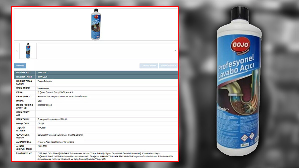 Gojo markalı ürünün güvensizlik nedeni olarak, "Dokunsal Uyarıların Bulunmaması (Sea Md. 36/2/C )" ifadeleri kullanıldı.