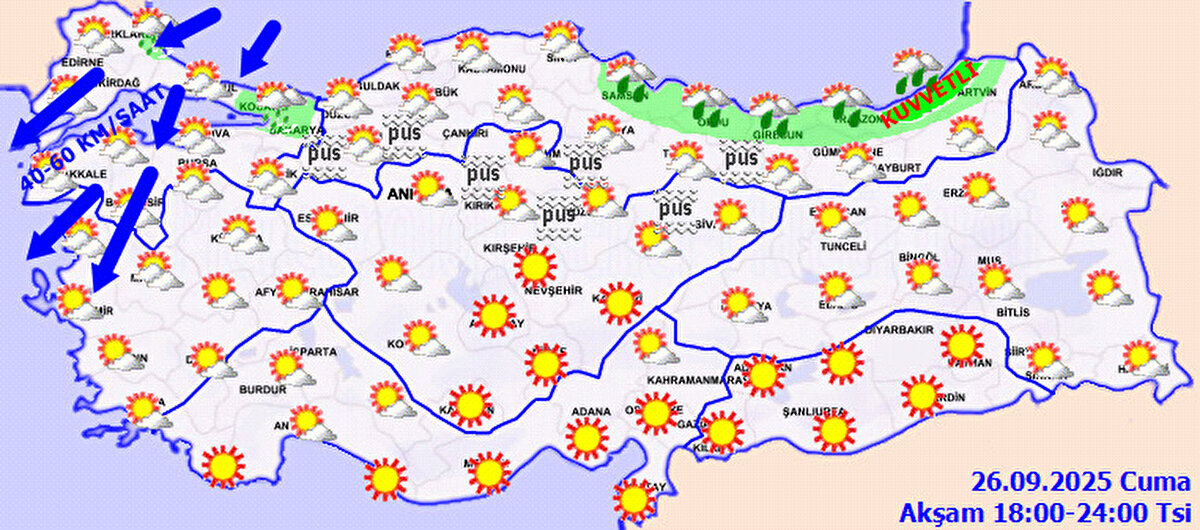RÜZGAR<br><br>Genellikle kuzey yönlerden hafif, zaman zaman orta kuvvette esecek. Marmara ve Kuzey Ege kıyılarında kuzey ve kuzeydoğu yönlerden kuvvetli rüzgar ve kısa süreli fırtına (40-70 kmsaat) bekleniyor.