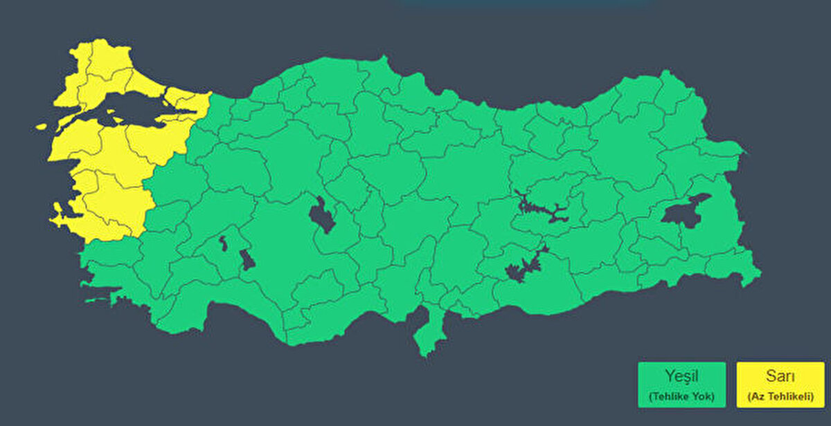 11 İl İçin Sarı Kodlu Alarm<br><br>Meteoroloji Genel Müdürlüğü (MGM), İstanbul’un da aralarında bulunduğu 11 il için sarı kodlu uyarı yaptı. Kuvvetli rüzgâr ve yerel sağanak riskine karşı dikkatli olunması istenen iller şunlar:<br>Balıkesir, Bursa, Çanakkale, Edirne, İstanbul, İzmir, Kırklareli, Kocaeli, Manisa, Tekirdağ ve Yalova.