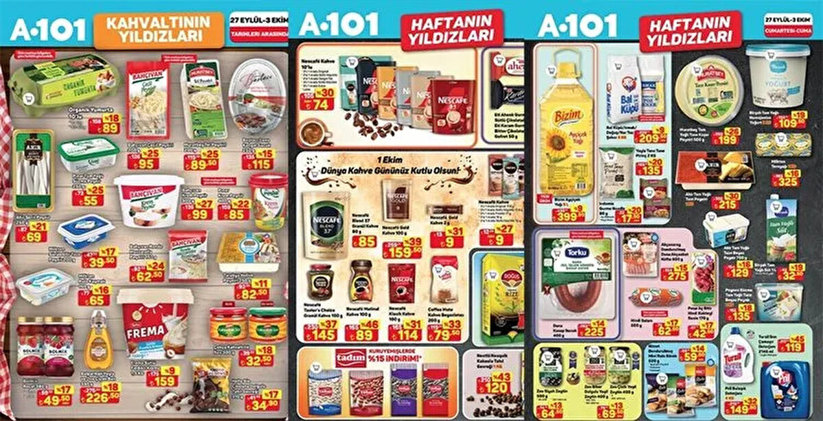 A101’in her hafta büyük ilgi gören “Haftanın Yıldızları” kampanyası bu hafta da alışveriş tutkunlarını memnun ediyor. 27 Eylül – 3 Ekim tarihleri arasında geçerli olacak aktüel ürünler listesinde gıda, temizlik ve kişisel bakım ürünlerinde cazip indirimler bulunuyor. Market raflarında ve online satışta yer alan fırsatları değerlendirmek isteyenler, bu hafta A101’de alışverişlerini avantajlı fiyatlarla yapma şansı yakalıyor.